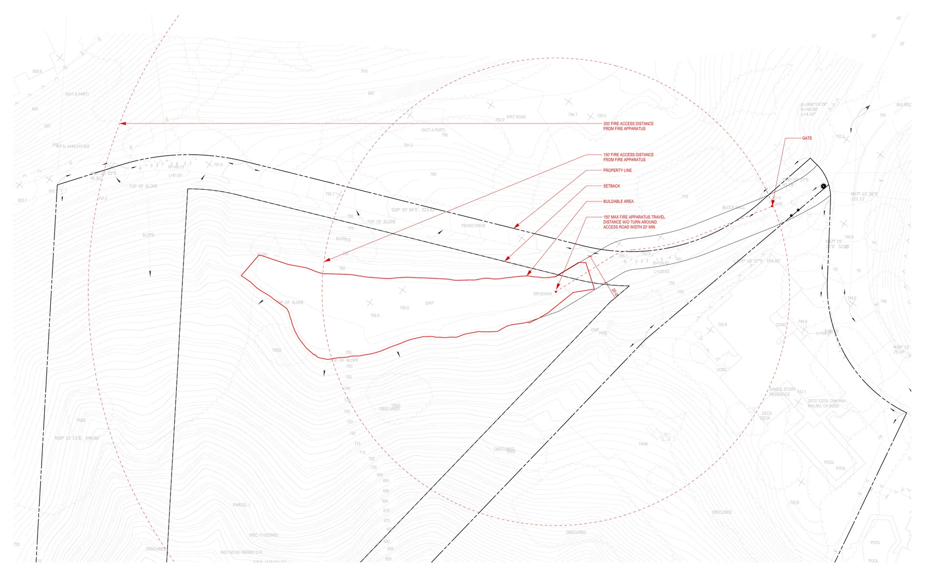 The site's constraints in plan: the contours, the property line and the buildable area.