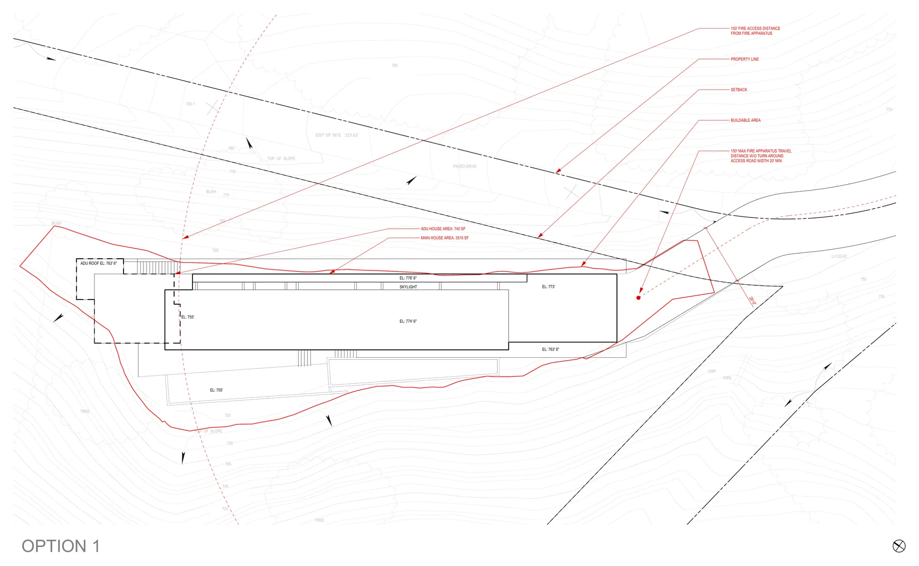 Option 1, guest house to the north: the roof of the house laid along the contours.