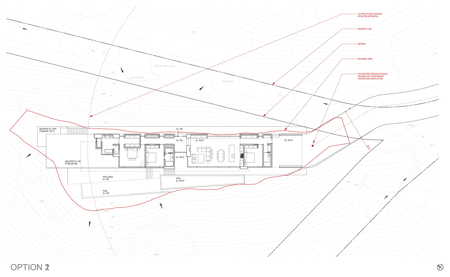 Option 1: the main floor, its rooms in a single line facing the sea.