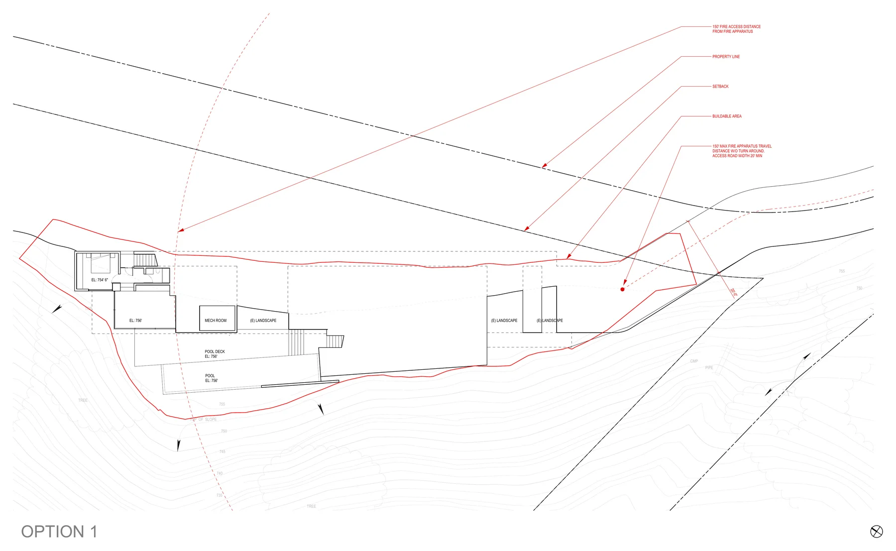 Option 1: the lower floor, stepped into the slope.