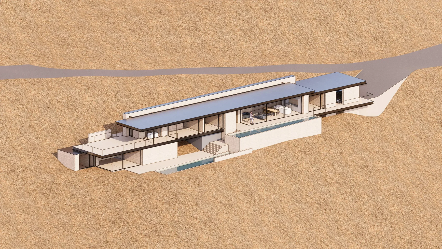 Option 1 rendered from the air: the long low house across the golden hillside.
