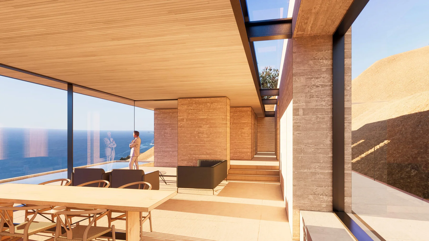 Option 1: the covered dining terrace under the timber roof, the sea beyond.
