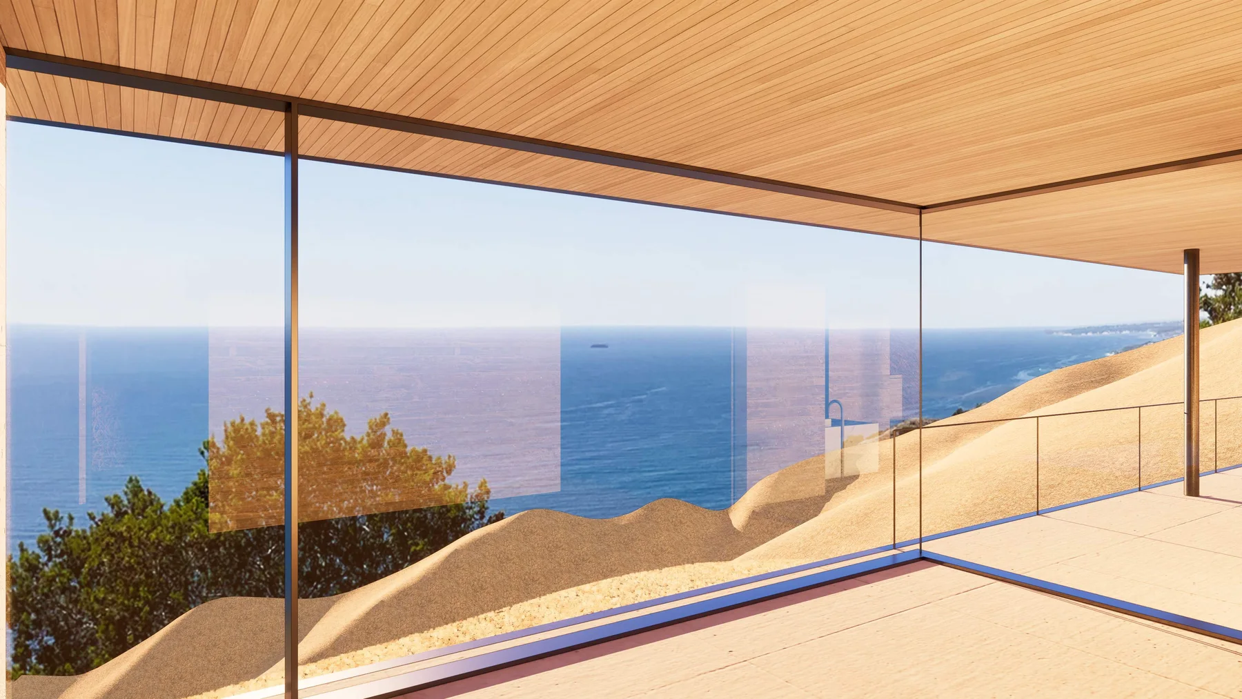 Option 1: a glass corner under the timber ceiling, the sea and the hills on two sides.