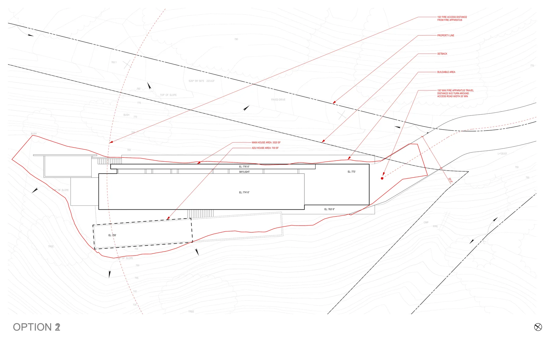 Option 2, guest house to the west: the roof of the house on the site.