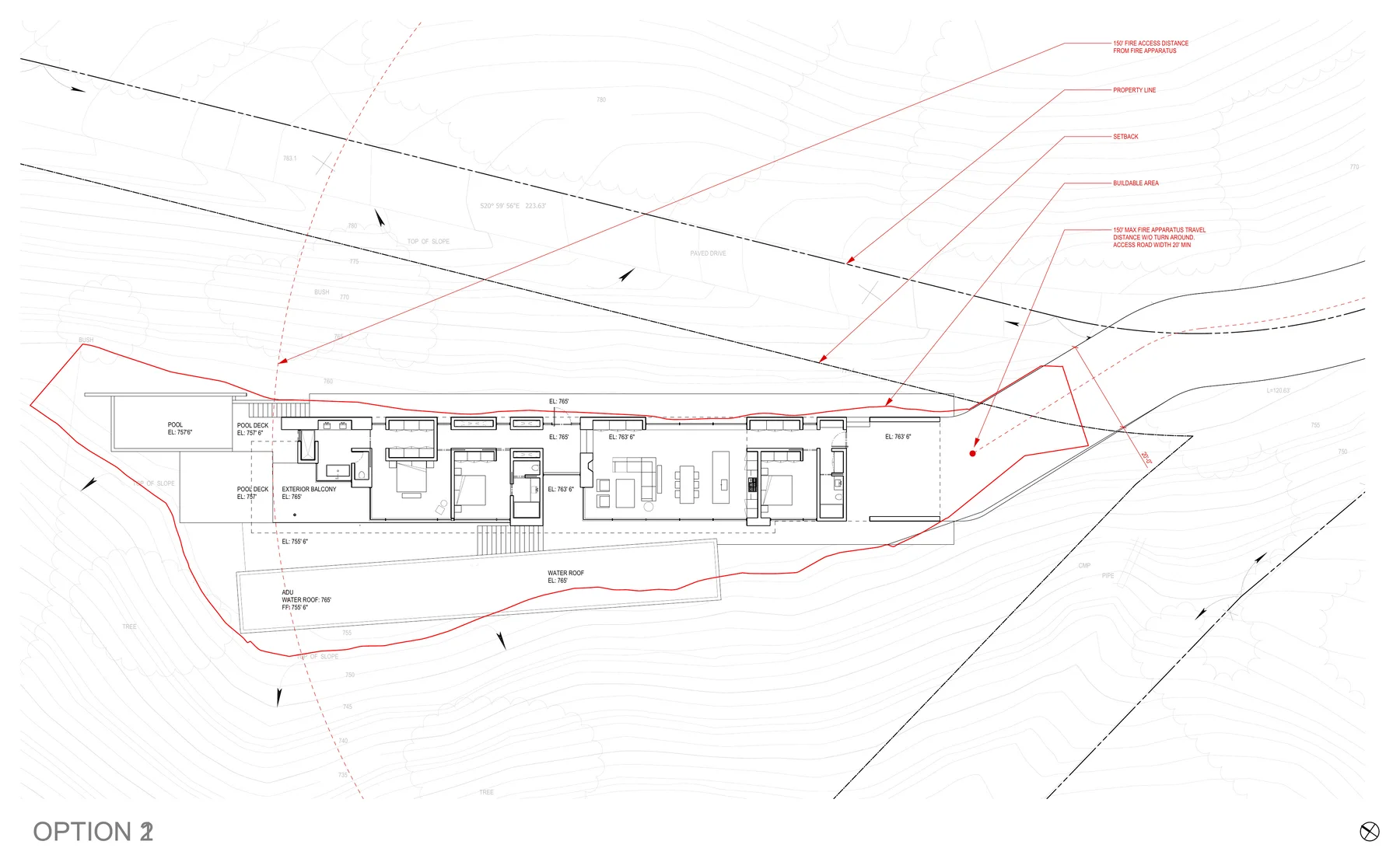 Option 2: the main floor, its rooms in a single line facing the sea.