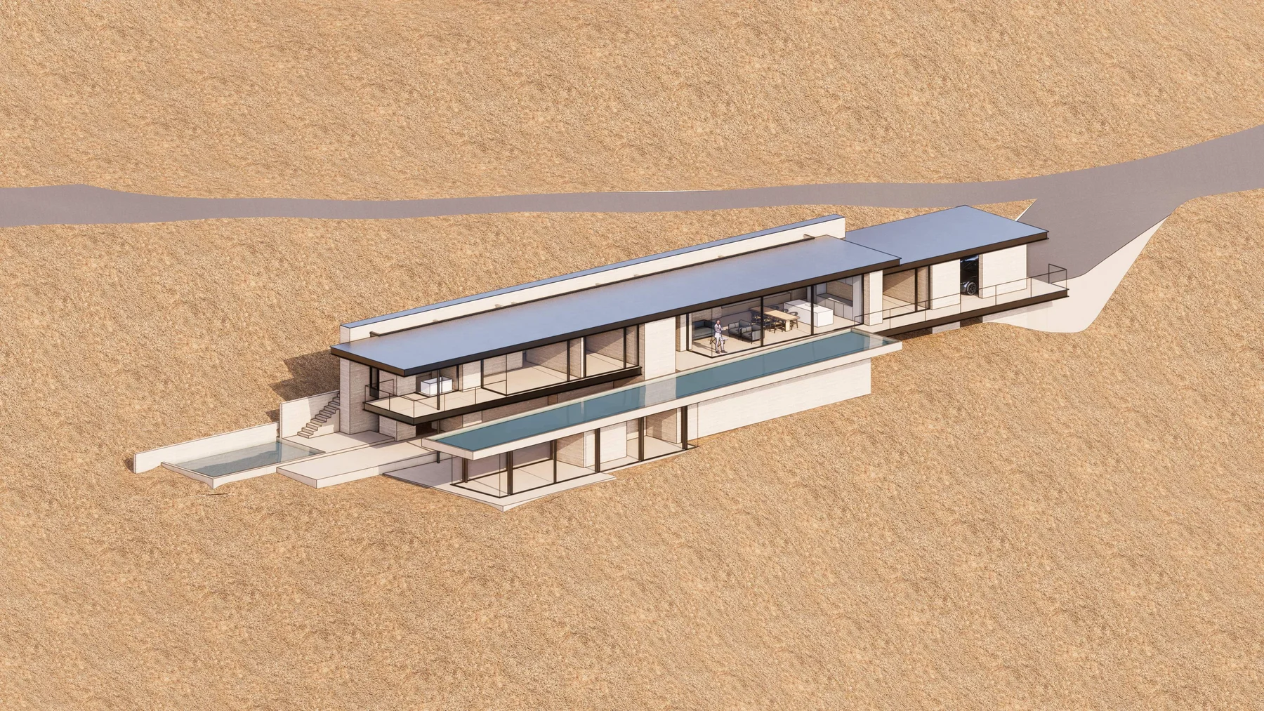 Option 2 rendered from the air, the long pool below the house.