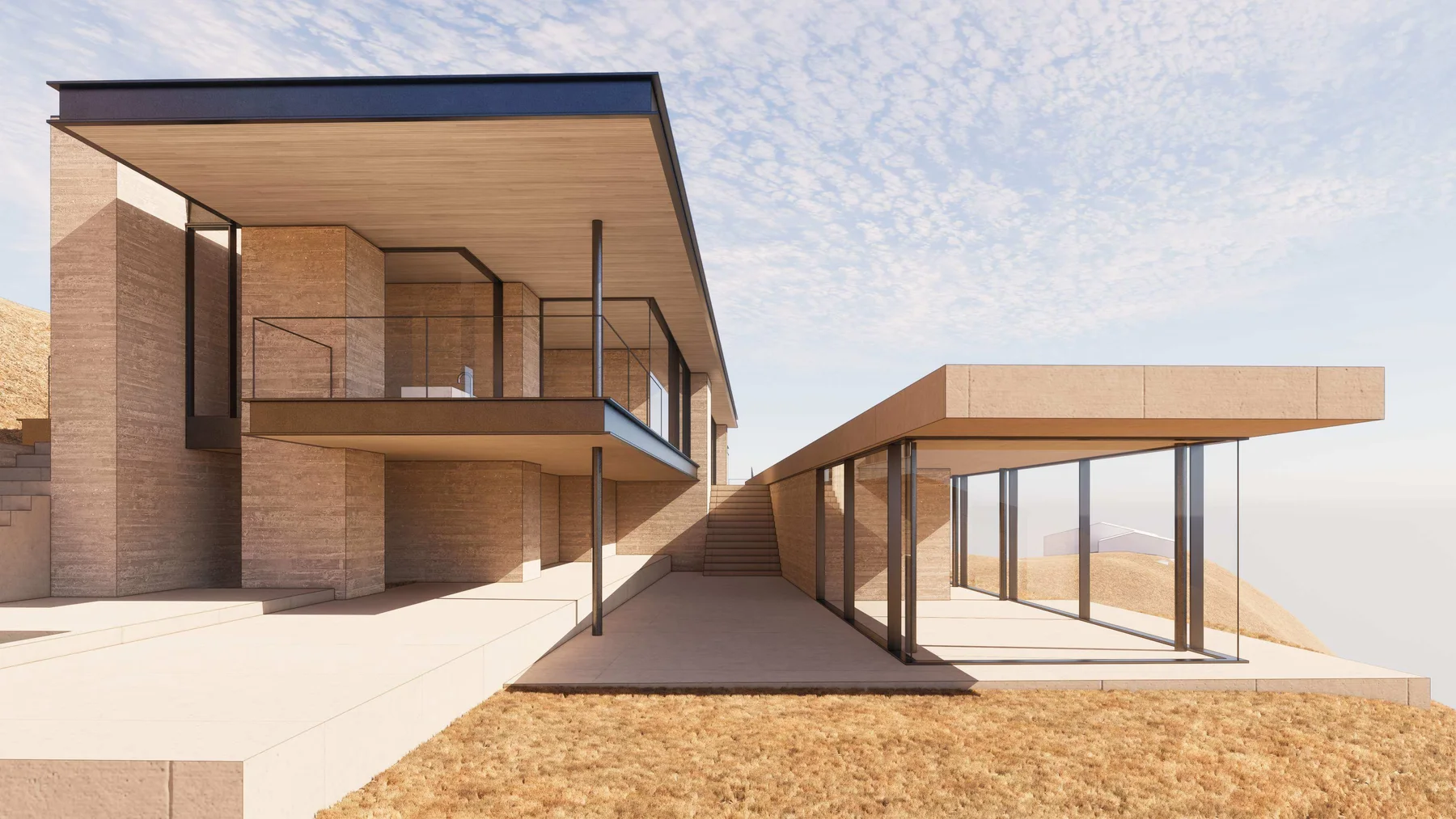 Option 2: the upper volume over a covered terrace and the guest wing.