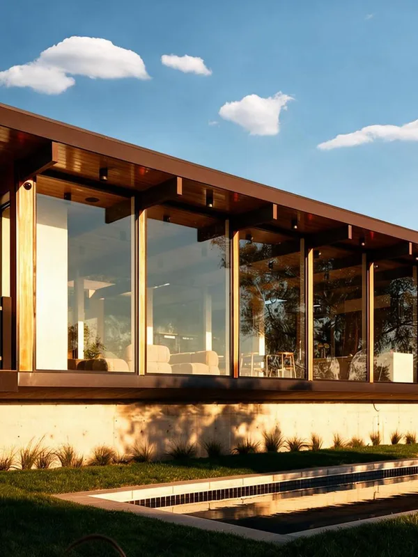 Busch Drive: the glass-and-timber house on its lawn above Zuma, the lap pool before it.