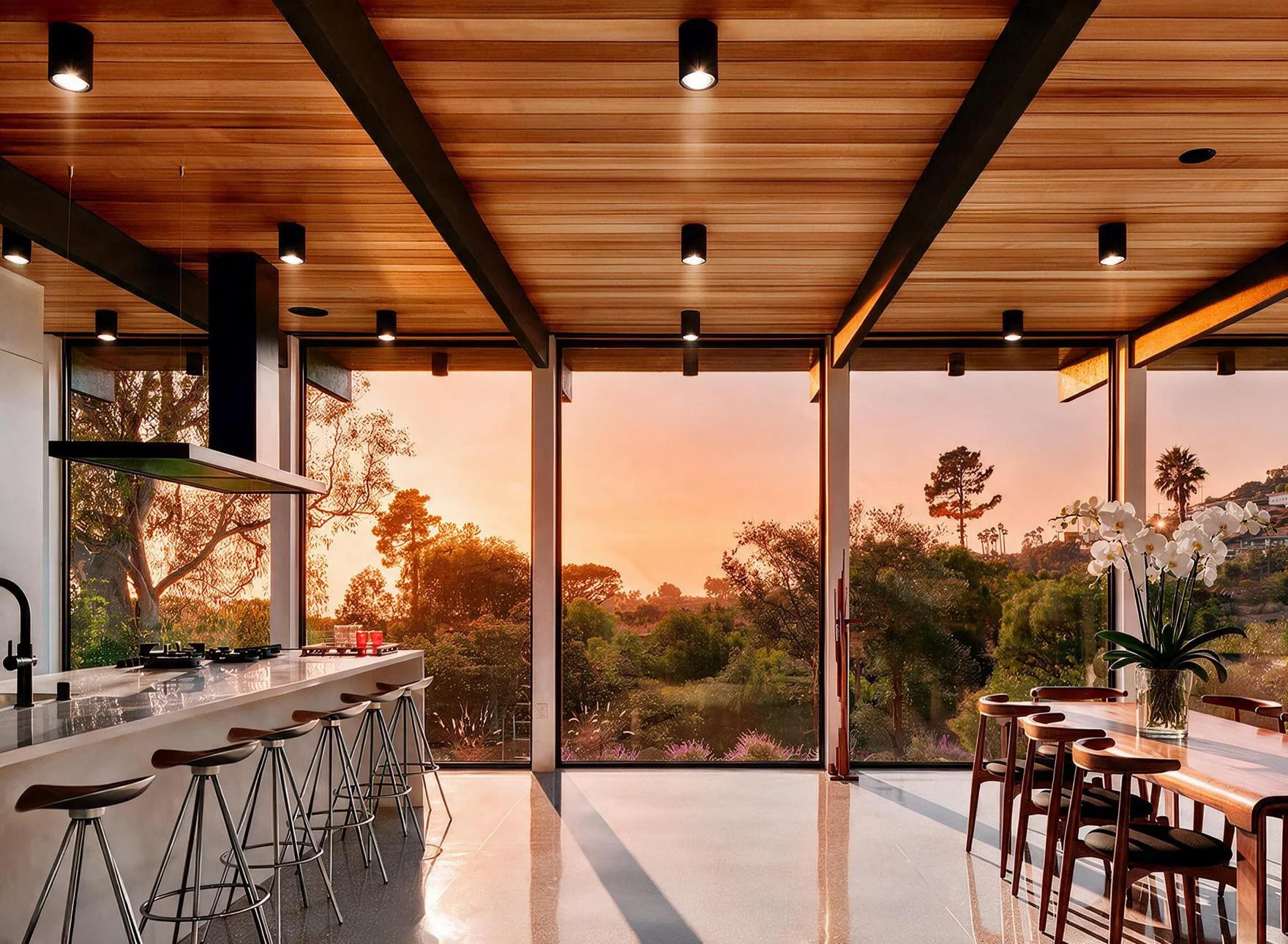 The kitchen and dining room, the counter's stools and the hills in the evening light.