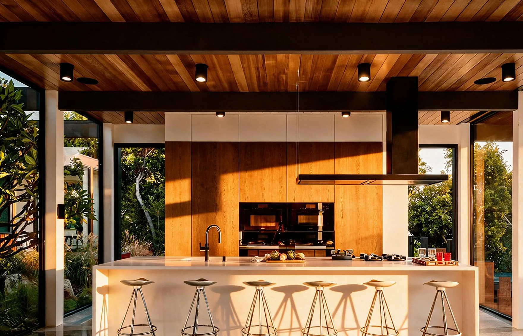 The kitchen island under its timber hood, garden on both sides.