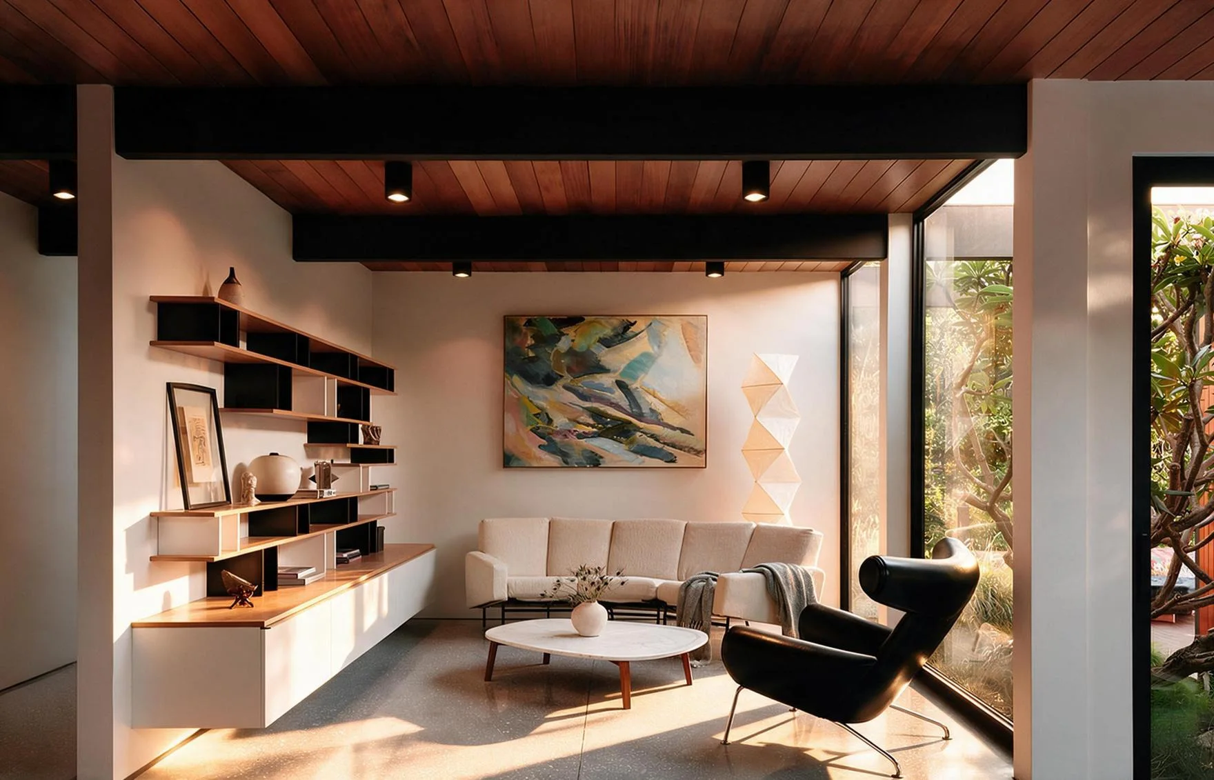 The study: open shelves, a painting and a lounge chair, garden through the glass.