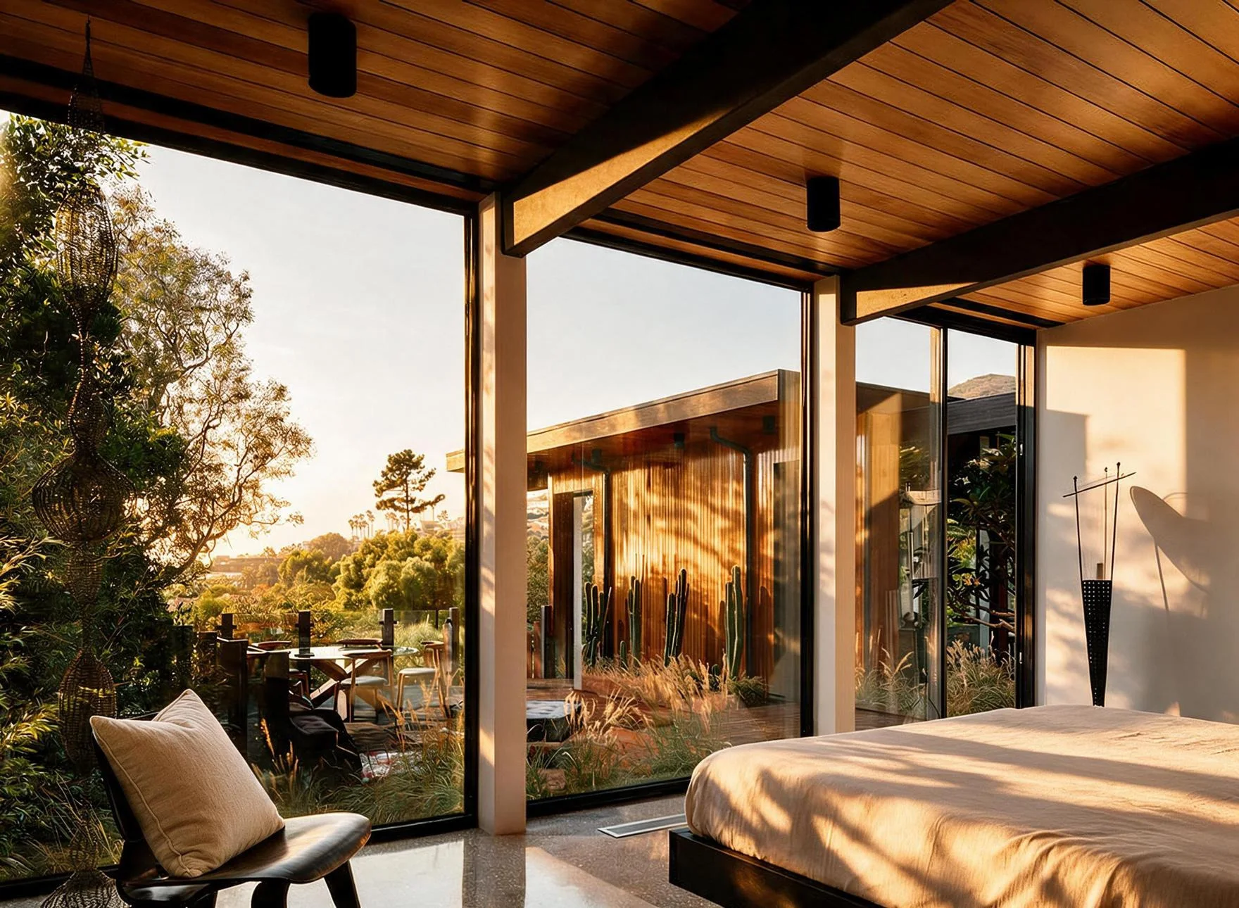 A bedroom opening onto the garden through a glass wall, the evening sun low.