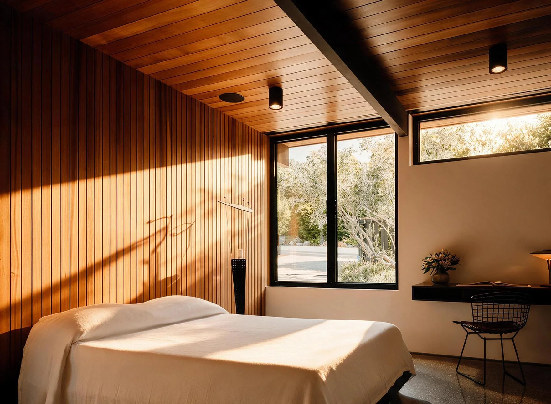 A bedroom in timber and white, a desk at the window.
