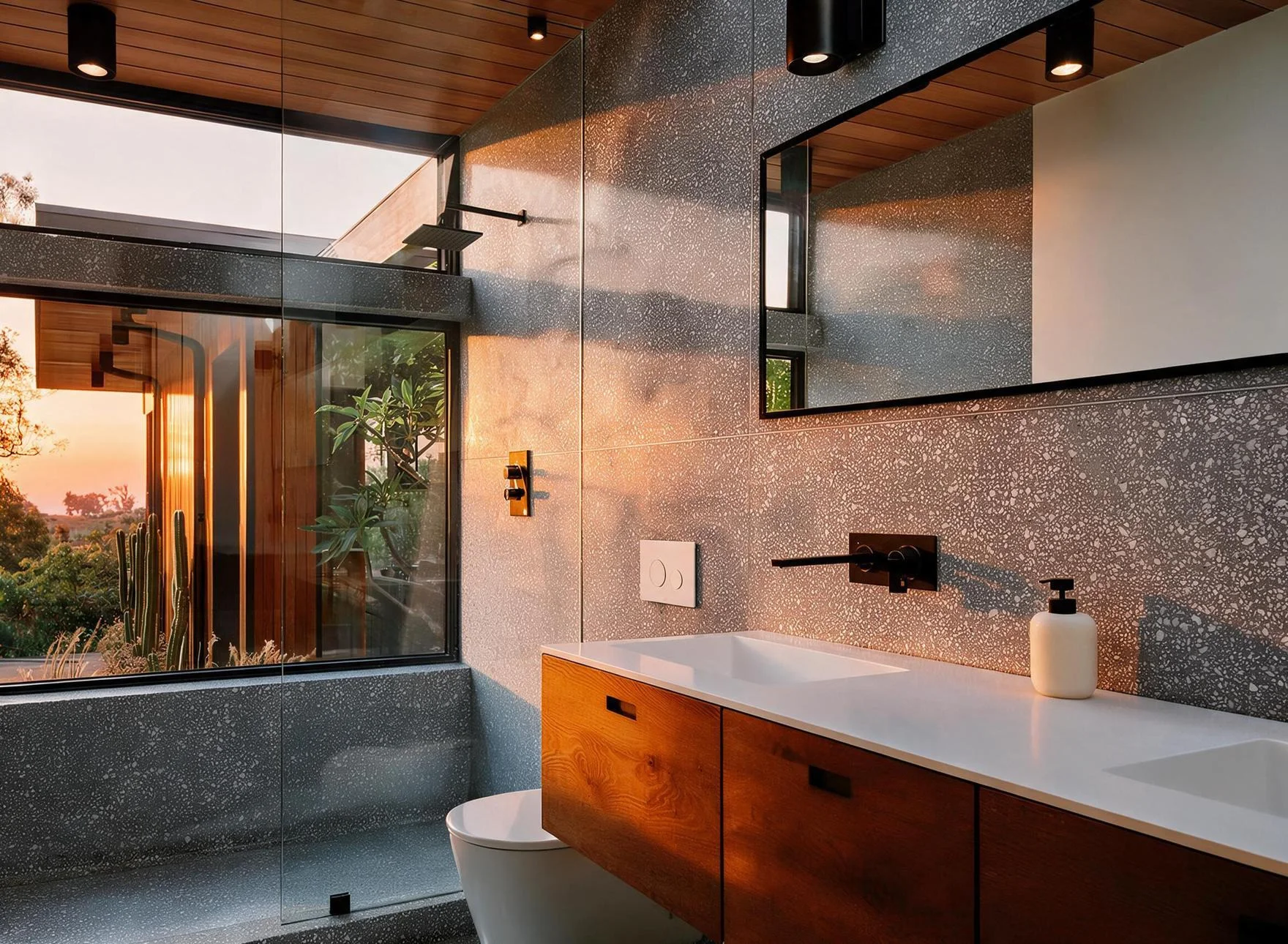 The bathroom: walnut vanity, terrazzo walls and the garden framed at sunset.