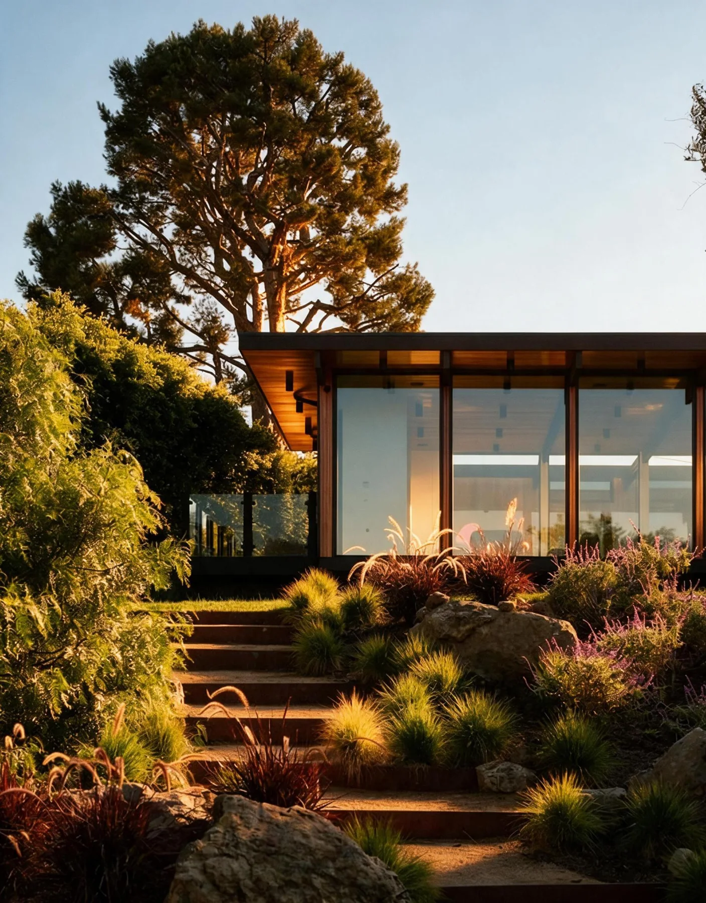 The glass pavilion above garden steps and grasses in late sun.