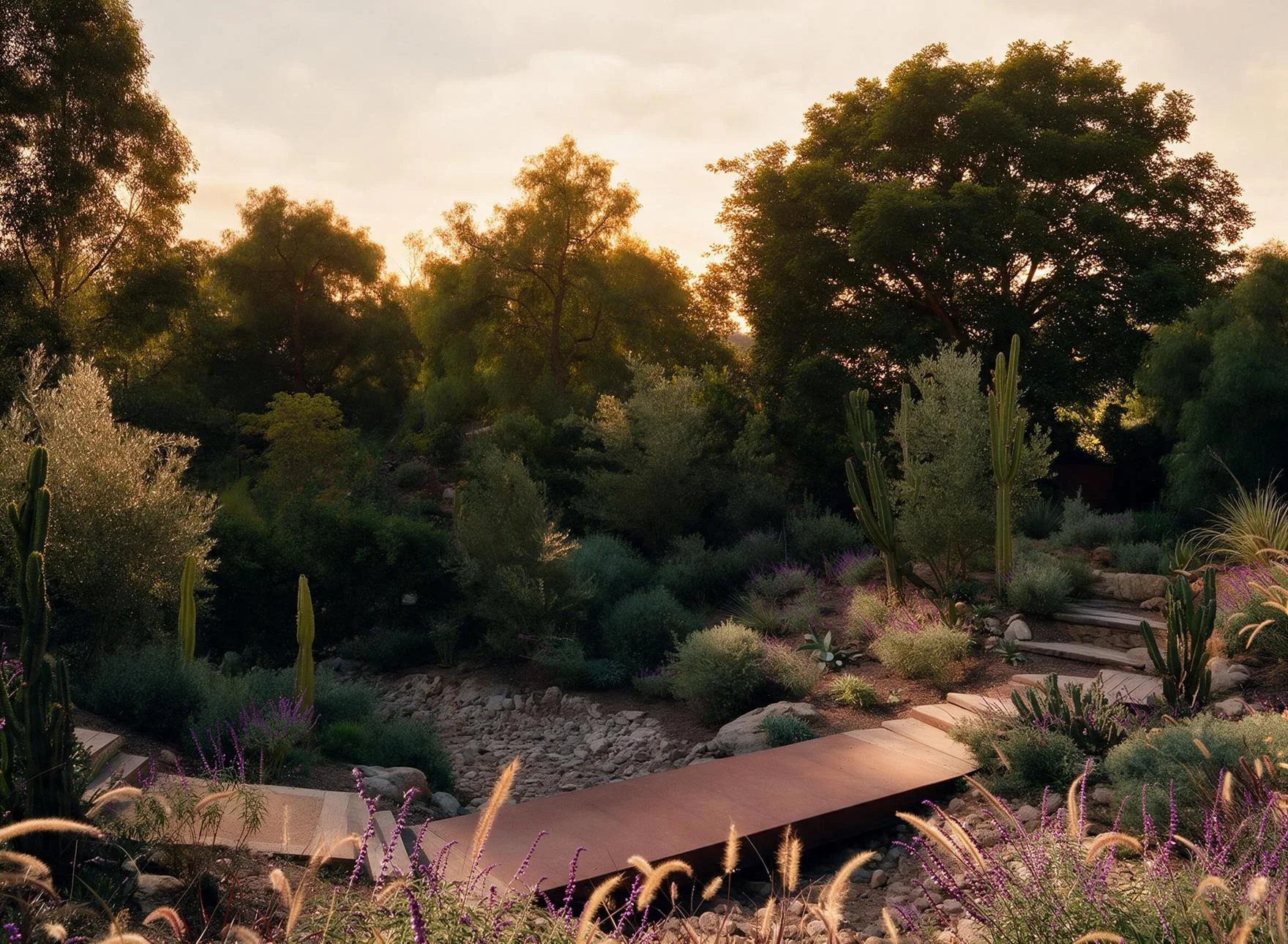 The garden path winding through native planting at golden hour.