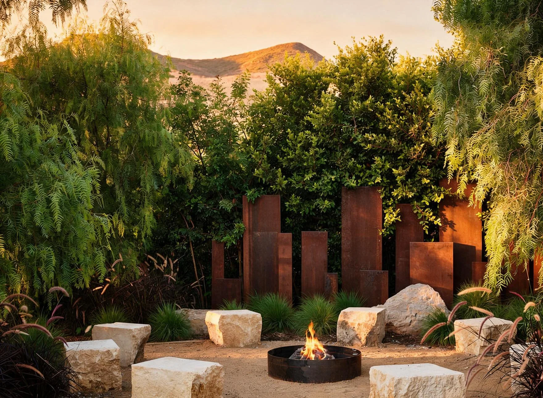 The fire pit among boulders and corten screens.