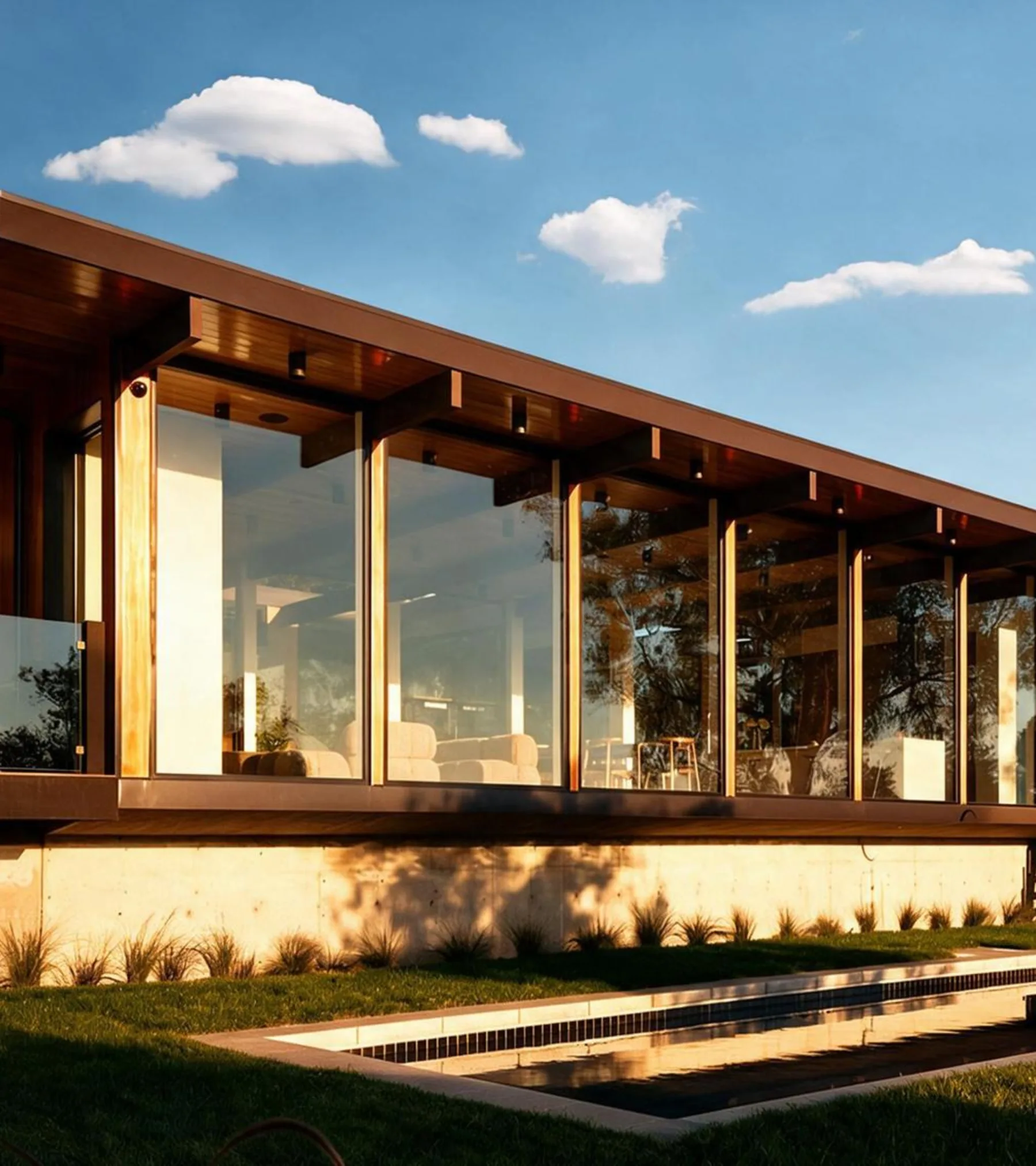 Busch Drive: the glass-and-timber house on its lawn above Zuma, the lap pool before it.