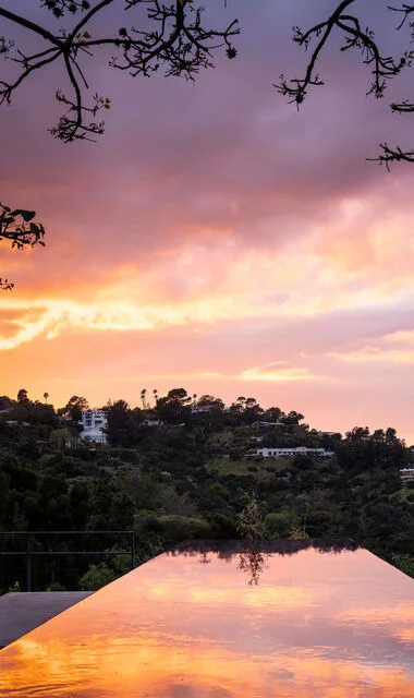 Sunset reflected in the pool.
