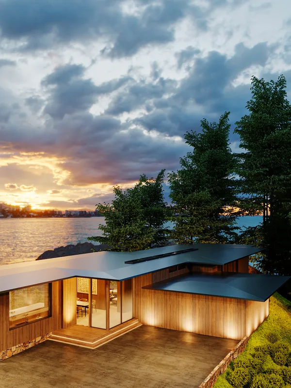 East Rockpoint, rendered: the house at dusk on its rocky, pine-lined waterfront site.