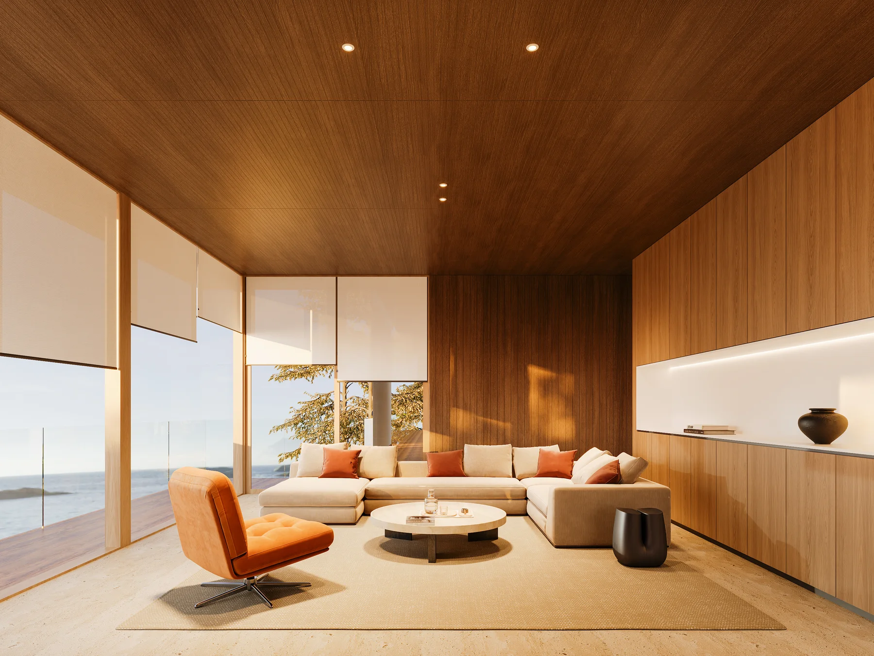 The living room at dusk, another angle on the same sectional and glass wall.