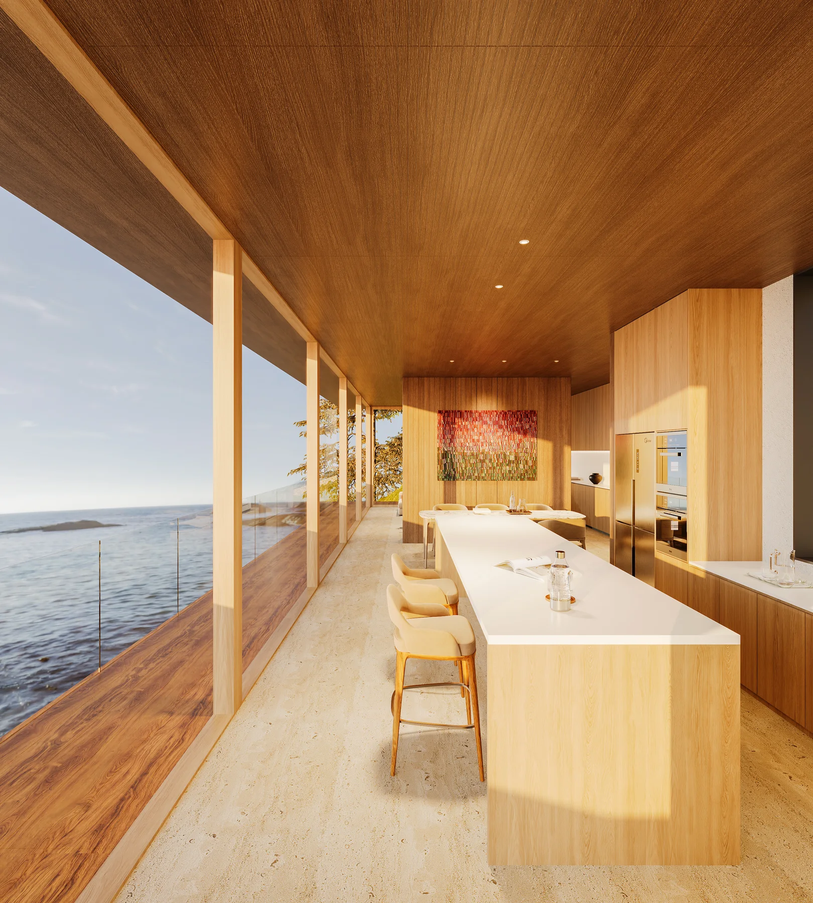The kitchen island by day, the water in the window.