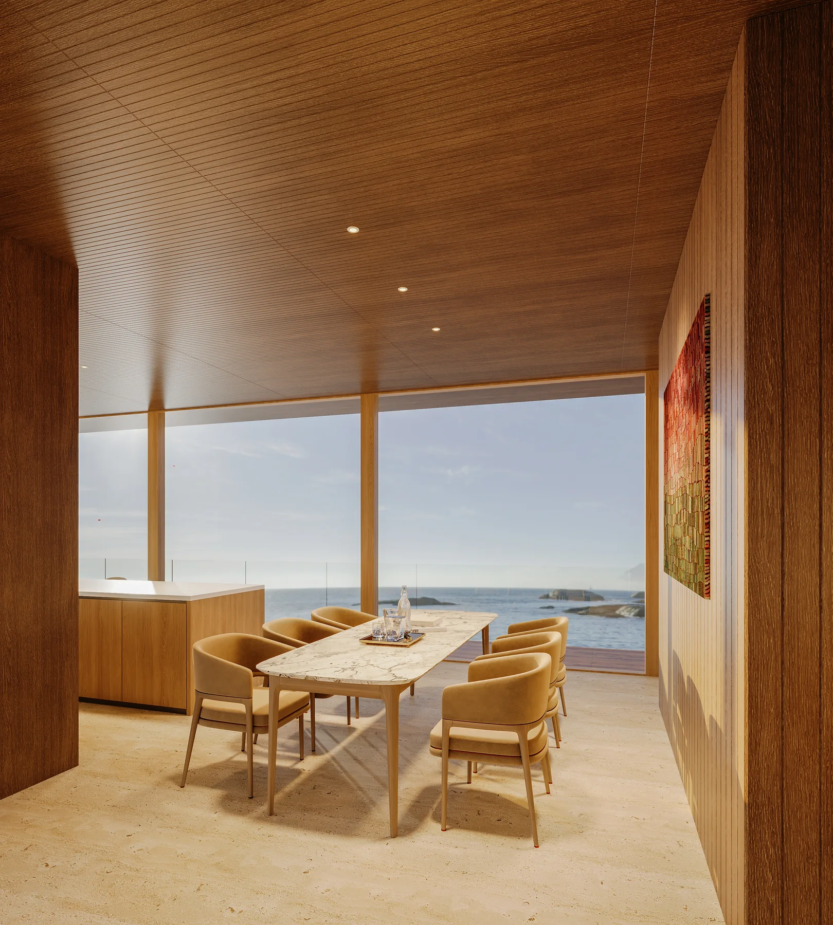 The dining room by day, the water framed by the glass.