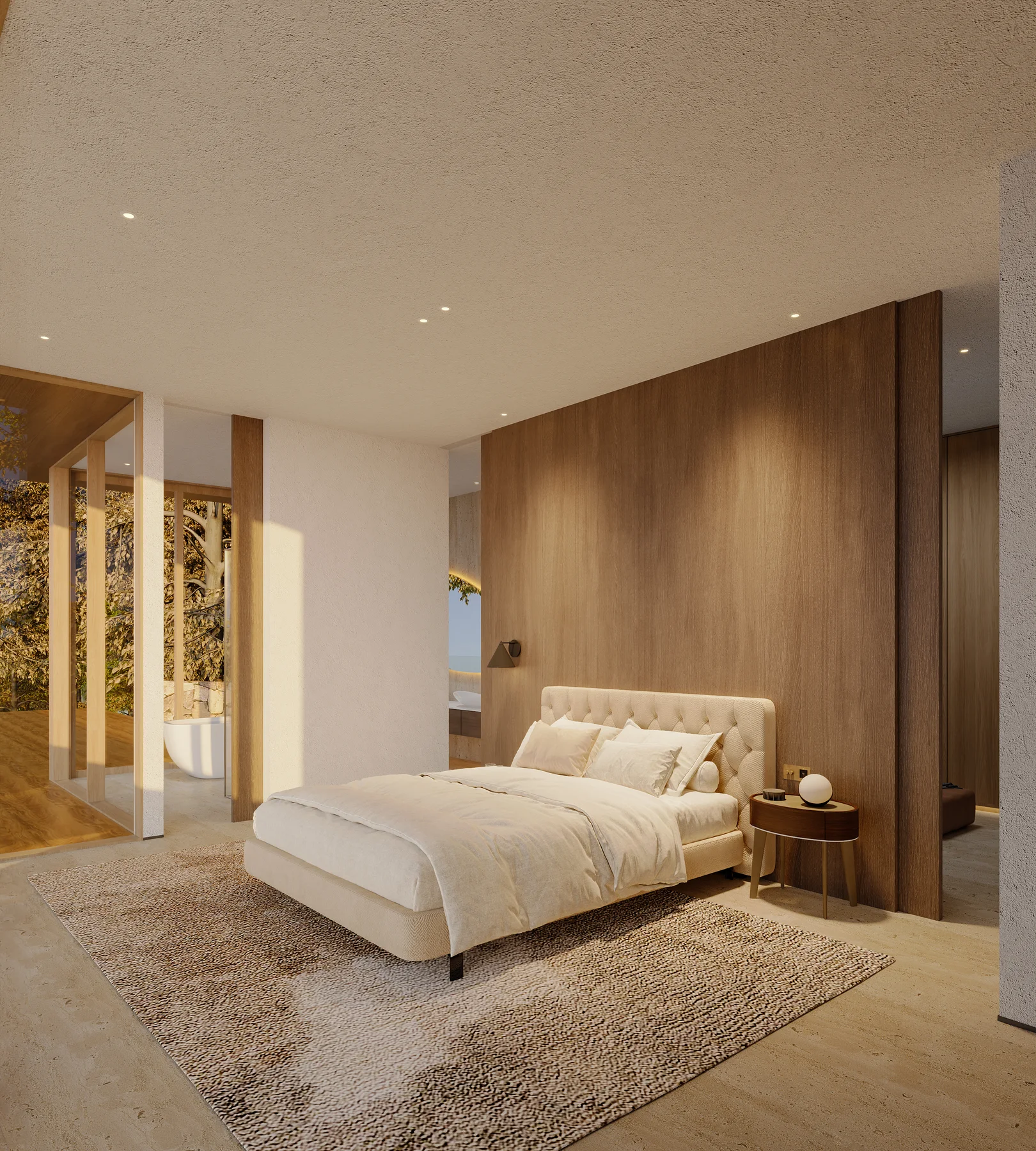 A bedroom by day, a wood accent wall behind the bed.