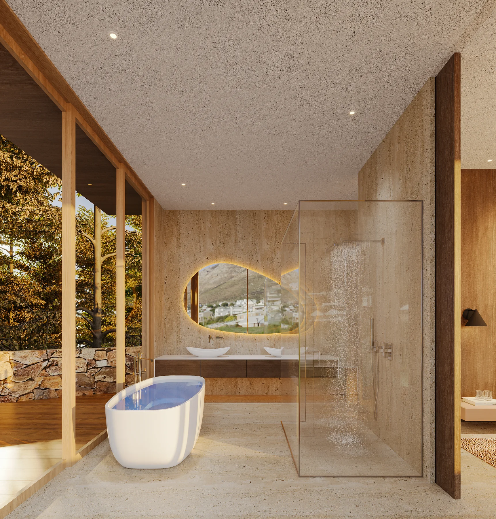 The spa bathroom: a freestanding tub, a glass shower, a mirror lit at its edge.