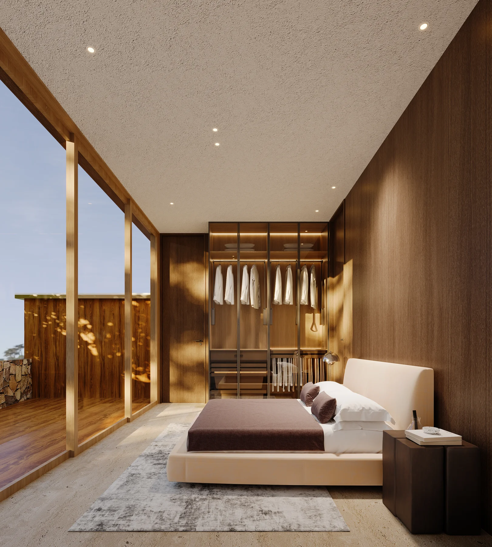 A bedroom in the evening, a closet opening beyond it.