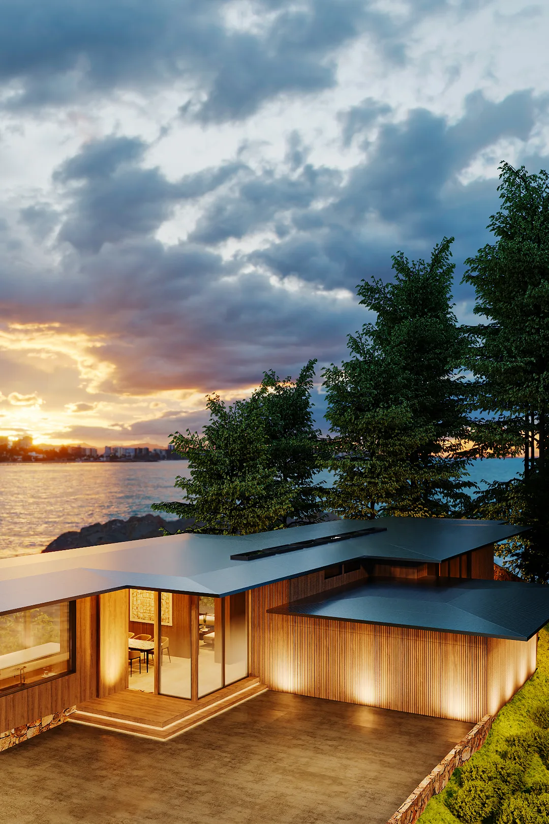 East Rockpoint, rendered: the house at dusk on its rocky, pine-lined waterfront site.