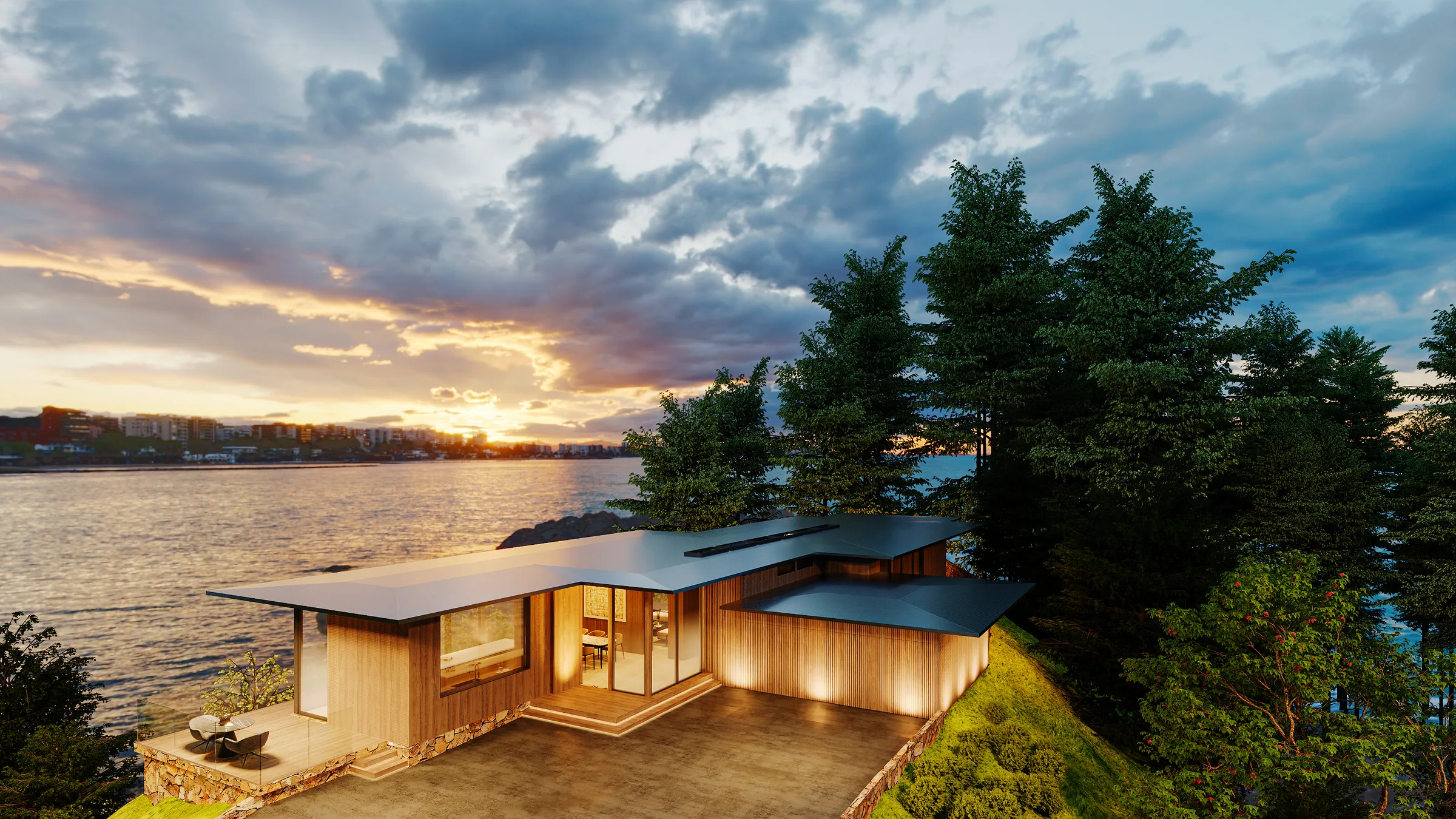 East Rockpoint, rendered: the house at dusk on its rocky, pine-lined waterfront site.