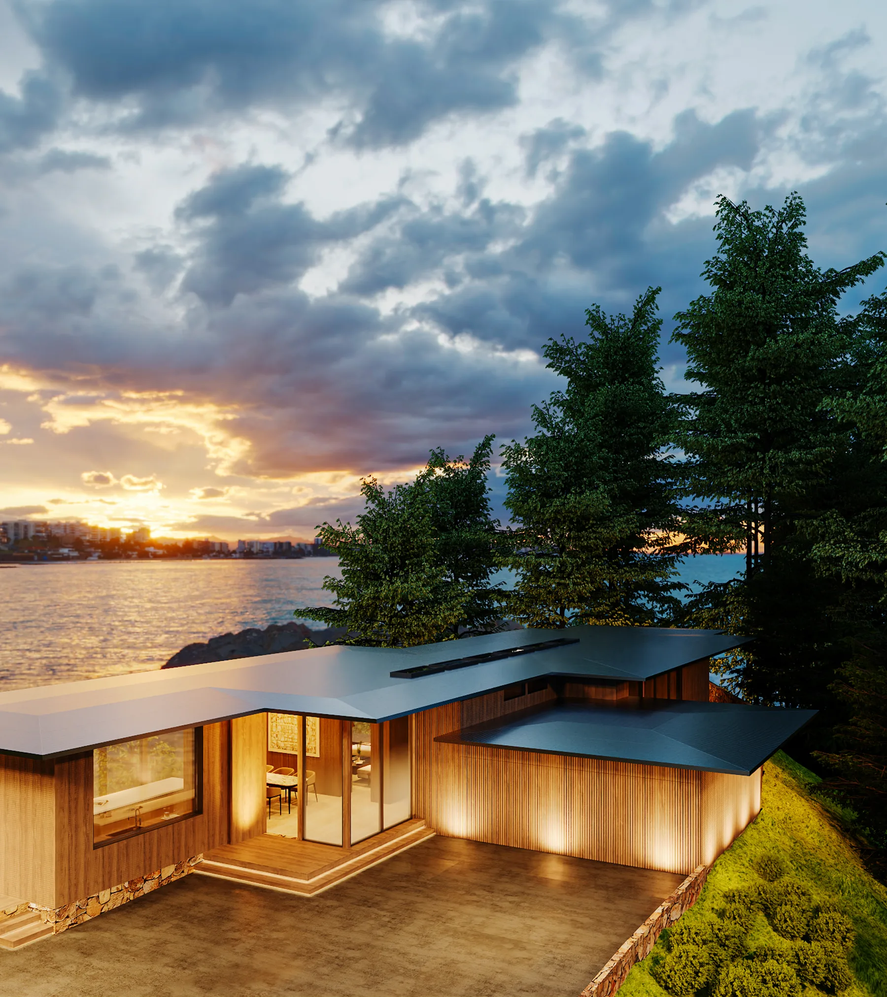 East Rockpoint, rendered: the house at dusk on its rocky, pine-lined waterfront site.