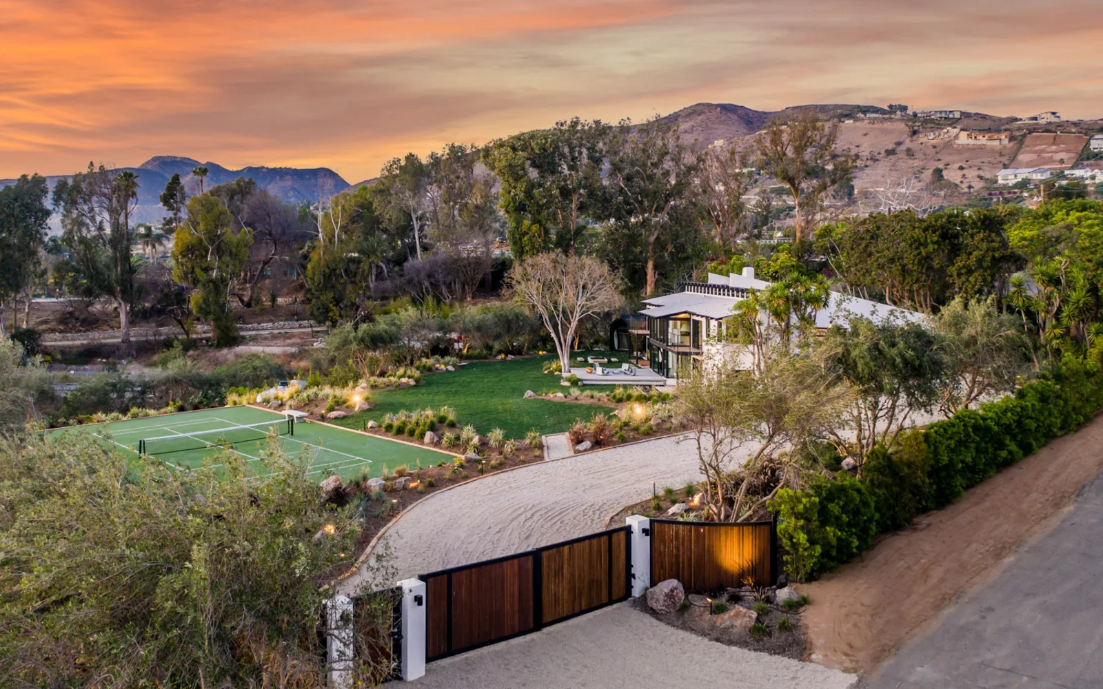 5901 Filaree Heights from the air at dusk.